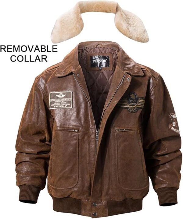 FLAVOR Men's Real Leather Bomber Jacket with Collar Aviator - Image 7