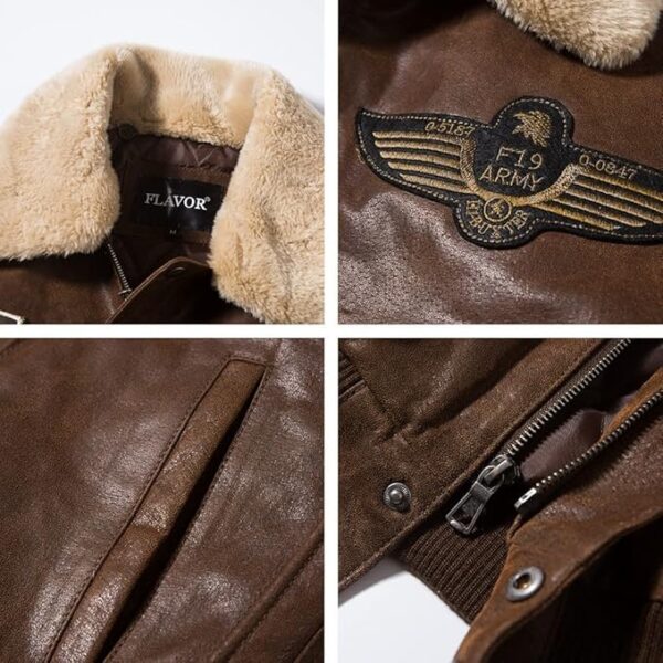 FLAVOR Men's Real Leather Bomber Jacket with Collar Aviator - Image 6